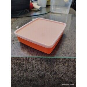 Vintage Tupperware Square Container Orange Base White Lid 670-4 USA